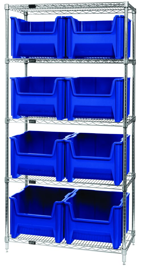 WR5-800_BL.jpg The Quantum Bin Wire Shelving System, 36W x 18D x 74H, supports up to 800 lbs per shelf and includes five chrome-plated shelves with eight large QGH800 blue bins. Its open-front design ensures easy access, making it ideal for storage and organization.