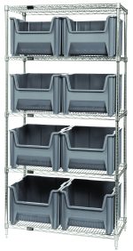 Introducing the Quantum Bin Wire Shelving System, a freestanding unit measuring 36W x 18D x 74H with a chrome-plated finish. It includes five shelves and eight large open-front gray QGH800 bins, offering an 800 lbs load capacity per shelf. Perfect for versatile and organized storage solutions.