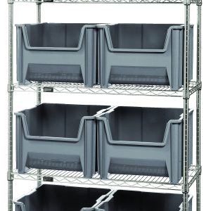 Introducing the Quantum Bin Wire Shelving System, a freestanding unit measuring 36W x 18D x 74H with a chrome-plated finish. It includes five shelves and eight large open-front gray QGH800 bins, offering an 800 lbs load capacity per shelf. Perfect for versatile and organized storage solutions.