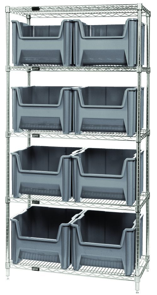 WR5-800_GY.jpg Introducing the Quantum Bin Wire Shelving System, a freestanding unit measuring 36W x 18D x 74H with a chrome-plated finish. It includes five shelves and eight large open-front gray QGH800 bins, offering an 800 lbs load capacity per shelf. Perfect for versatile and organized storage solutions.