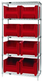 The Quantum Bin Wire Shelving System, 36W x 18D x 74H, chrome plated and shipped KD, has five adjustable shelves with an 800 lbs load capacity each. It includes eight front-accessible QGH800 red bins that fit perfectly within the frame.