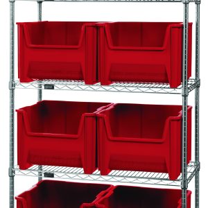 The Quantum Bin Wire Shelving System, 36W x 18D x 74H, chrome plated and shipped KD, has five adjustable shelves with an 800 lbs load capacity each. It includes eight front-accessible QGH800 red bins that fit perfectly within the frame.