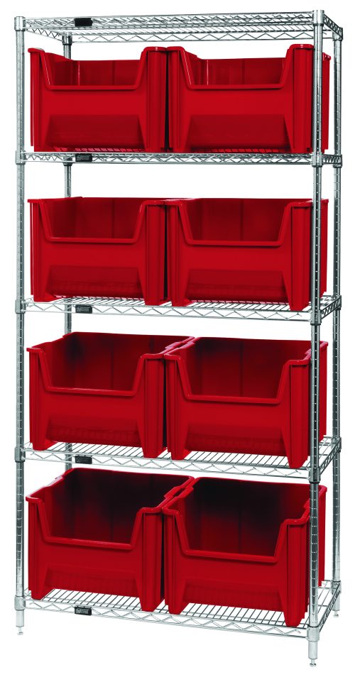 The Quantum Bin Wire Shelving System, 36W x 18D x 74H, chrome plated and shipped KD, has five adjustable shelves with an 800 lbs load capacity each. It includes eight front-accessible QGH800 red bins that fit perfectly within the frame.
