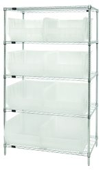 The Quantum Bin Wire Shelving System features four posts and five wire shelves, includes eight QUS955 clear bins, and boasts an industrial look. Its dimensions are 42W x 24D x 74H with a chrome-plated finish and an 800 lb. capacity per shelf.
