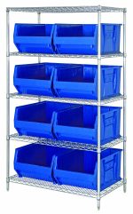 The Quantum Bin Wire Shelving System features an industrial design with a chrome-plated finish, measuring 42W x 24D x 74H. Each of the five wire shelves holds up to 800 lb., and it includes four posts and eight QUS955 blue bins for organized storage.