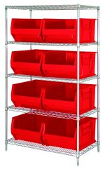 The Quantum Bin Wire Shelving System, 42W x 24D x 74H, features five wire shelves with a chrome-plated finish and four posts. Each shelf supports up to 800 lbs and holds two Qus955 red bins, providing stylish and organized storage. Shipped KD.