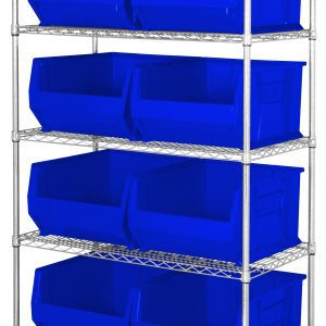 The Quantum Bin Wire Shelving System has a freestanding design measuring 42W x 30D x 74H with five shelves, each holding up to 800 lbs. It includes eight Qus975 blue bins with open fronts for easy access and a chrome-plated finish.