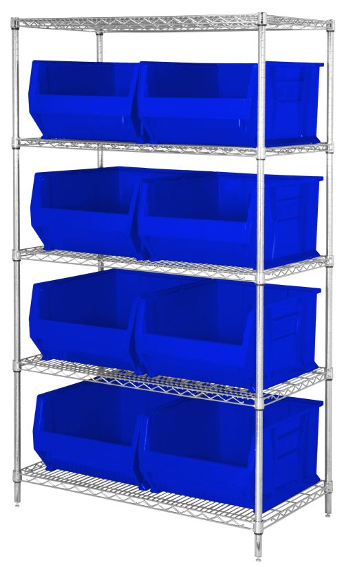 The Quantum Bin Wire Shelving System has a freestanding design measuring 42W x 30D x 74H with five shelves, each holding up to 800 lbs. It includes eight Qus975 blue bins with open fronts for easy access and a chrome-plated finish.