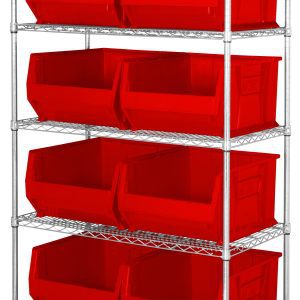 The Quantum Bin Wire Shelving System, measuring 42W x 30D x 74H, features five chrome-plated shelves with an 800 lbs load capacity each and includes eight QUS975 red bins. This sleek design ensures easy access and optimal organization against a plain white background.