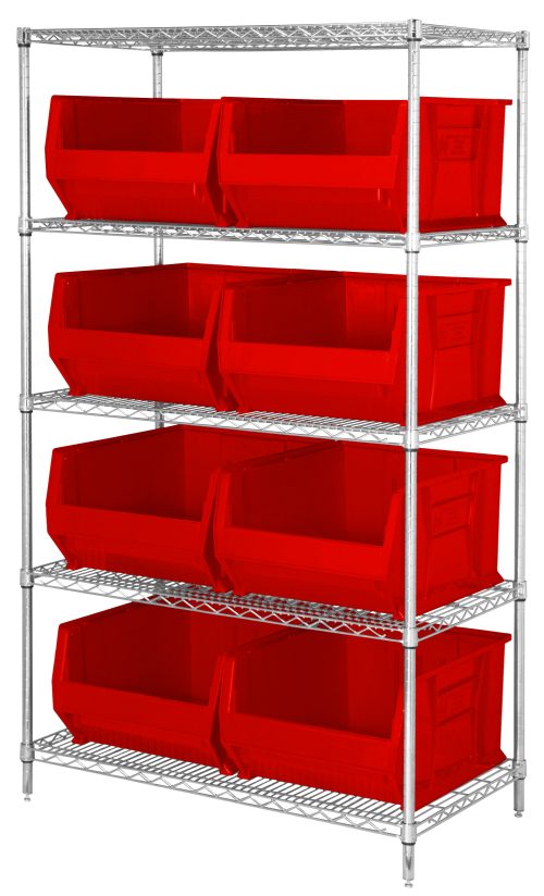 The Quantum Bin Wire Shelving System, measuring 42W x 30D x 74H, features five chrome-plated shelves with an 800 lbs load capacity each and includes eight QUS975 red bins. This sleek design ensures easy access and optimal organization against a plain white background.