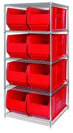 The Quantum Bin Wire Shelving System, measuring 36W x 36D x 74H, features a chrome-plated finish with 5 shelves, each holding up to 800 lbs. It includes 8 large QUS993 red bins and provides easy front access for efficient organization.