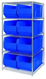 The Quantum Bin Wire Shelving System measures 48W x 36D x 74H with a chrome finish, featuring five shelves and eight QUS997 blue bins. Each shelf holds up to 800 lbs, shipped KD for convenience, and the open front bins ensure easy access while maintaining an organized appearance.