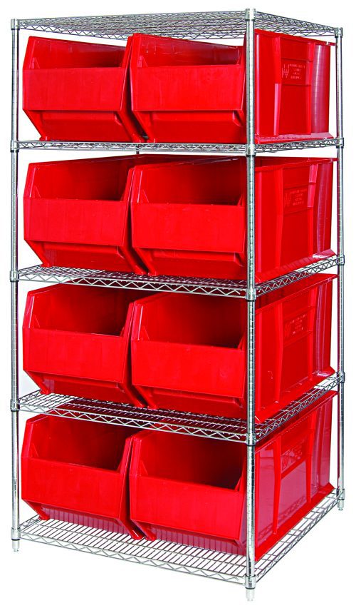 Introducing the Quantum Bin Wire Shelving System, a chrome-plated unit with five 48W x 36D shelves, each holding up to 800 lbs. It includes eight easily accessible QUS997 red bins. Effortlessly streamline your storage with this versatile shelving solution. Shipped KD for convenience.