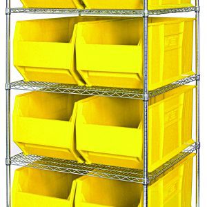 The Quantum Bin Wire Shelving System, measuring 48W x 36D x 74H with a chrome-plated finish, holds 800 lbs per shelf and includes five shelves and eight QUS997 yellow bins with open fronts for easy access, shipped KD for convenience.
