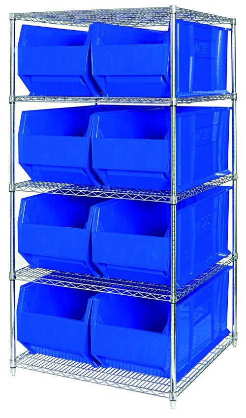 Meet the Quantum Bin Wire Shelving System: a 60W x 36D x 74H chrome-plated frame with five shelves and eight QUS993 blue bins. It features a 600 lbs load capacity per shelf, is open at the front for easy access, and ships KD—ideal for organizing or storing heavy items.