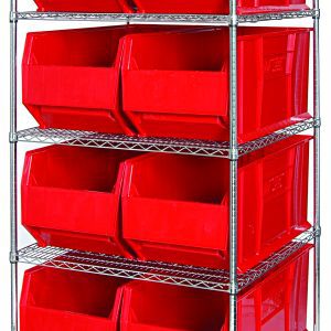The Quantum Bin Wire Shelving System, measuring 60W x 36D x 74H, features five chrome-plated shelves with a 600 lbs capacity each and includes eight QUS993 red bins for organized storage. Shipped KD, its ideal for heavy-duty needs.