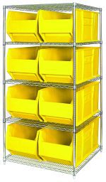 The Quantum Bin Wire Shelving System (60W x 36D x 74H) supports 600 lbs per shelf and comes with five shelves and eight QUS993 yellow bins. It features a chrome-plated finish, open-top bins for easy access, and ships KD for easy assembly.