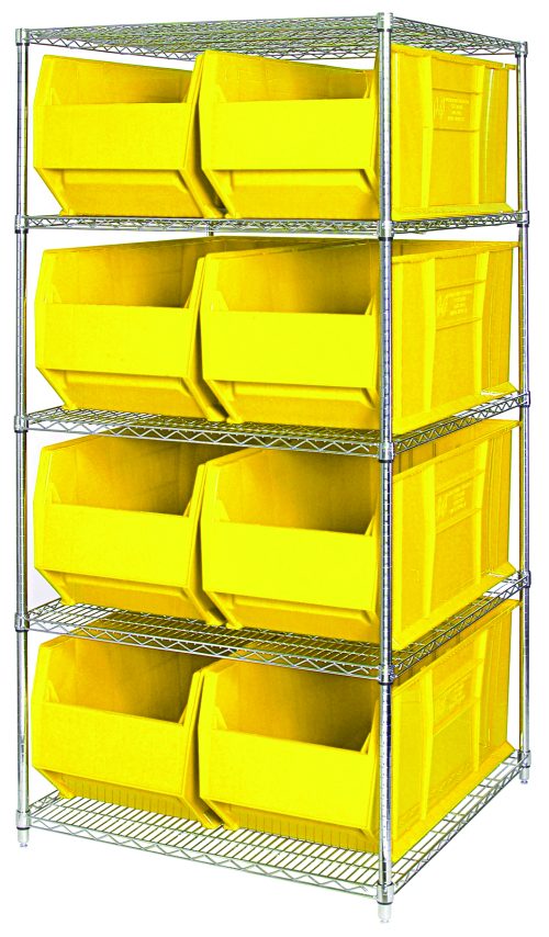 The Quantum Bin Wire Shelving System (60W x 36D x 74H) supports 600 lbs per shelf and comes with five shelves and eight QUS993 yellow bins. It features a chrome-plated finish, open-top bins for easy access, and ships KD for easy assembly.