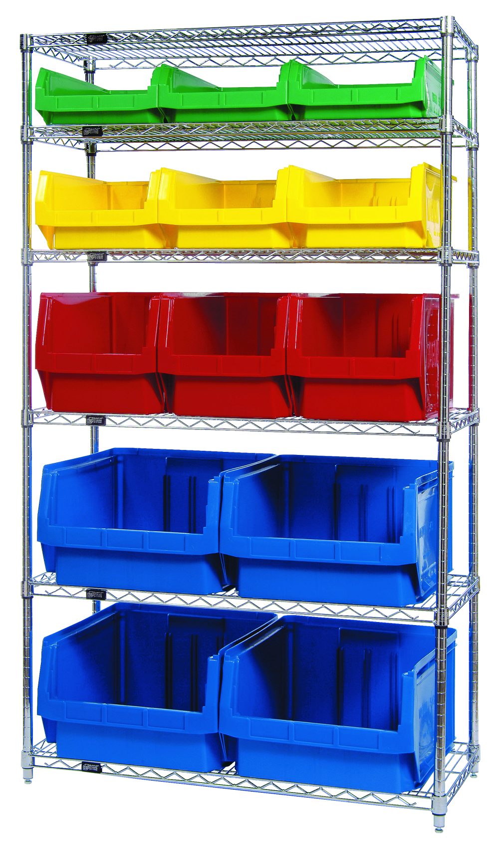 Chrome wire shelving unit with green, yellow, red and blue hang and stack bins