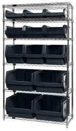 The Quantum Bin Wire Shelving System, 42W x 18D x 74H, features a chrome finish and robust design. It includes six shelves with an 800 lbs load capacity per shelf and comes with black bins (4 Qms543, 3 Qms533, 3 Qms532, and 3 Qms531) for organized storage. Shipped KD.