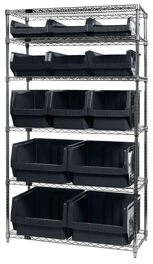 The Quantum Bin Wire Shelving System, 42W x 18D x 74H, features a chrome finish and robust design. It includes six shelves with an 800 lbs load capacity per shelf and comes with black bins (4 Qms543, 3 Qms533, 3 Qms532, and 3 Qms531) for organized storage. Shipped KD.
