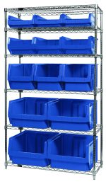 The Quantum Bin Wire Shelving System features six chrome-plated shelves, each measuring 42W x 18D x 74H and supporting up to 800 lbs. It includes a variety of blue bins: four QMS543, three QMS533, three QMS532, and three QMS531, providing versatile storage solutions for organization.
