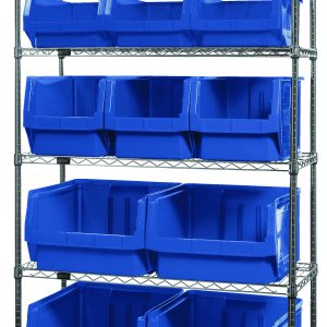 The Quantum Bin Wire Shelving System features six chrome-plated shelves, each measuring 42W x 18D x 74H and supporting up to 800 lbs. It includes a variety of blue bins: four QMS543, three QMS533, three QMS532, and three QMS531, providing versatile storage solutions for organization.