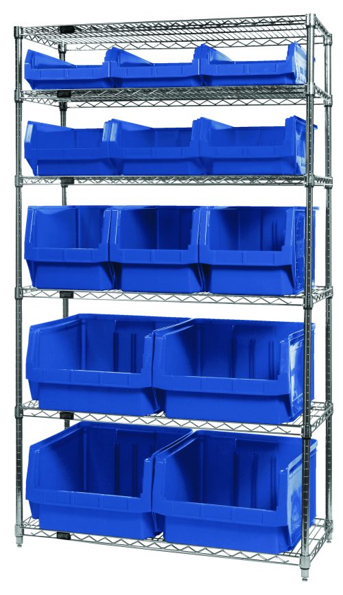 The Quantum Bin Wire Shelving System features six chrome-plated shelves, each measuring 42W x 18D x 74H and supporting up to 800 lbs. It includes a variety of blue bins: four QMS543, three QMS533, three QMS532, and three QMS531, providing versatile storage solutions for organization.