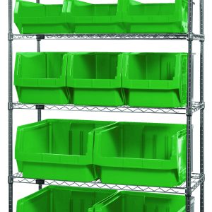 The Quantum Bin Wire Shelving System, 42W x 18D x 74H, with a chrome-plated finish, has six shelves each holding up to 800 lbs. It includes four Qms543, three Qms533, three Qms532, and three Qms531 empty green bins for organized space efficiency. Shipped KD.