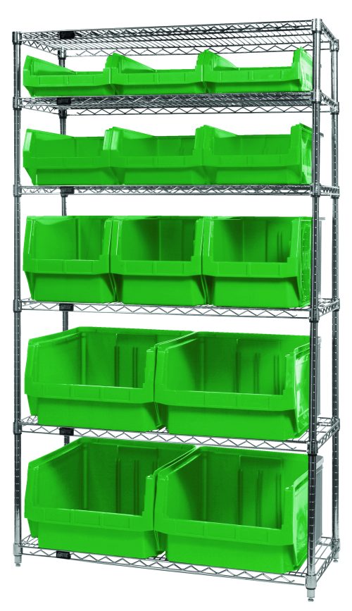 The Quantum Bin Wire Shelving System, 42W x 18D x 74H, with a chrome-plated finish, has six shelves each holding up to 800 lbs. It includes four Qms543, three Qms533, three Qms532, and three Qms531 empty green bins for organized space efficiency. Shipped KD.
