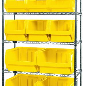 The Quantum Bin Wire Shelving System, measuring 42W x 18D x 74H, features six chrome-plated shelves with an 800 lbs load capacity each. It includes large yellow bins (4 Qms543, 3 Qms533, 3 Qms532, and 3 Qms531) for efficient warehouse or garage storage. The unit is shipped KD.