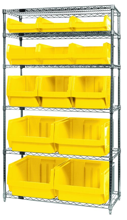 The Quantum Bin Wire Shelving System, measuring 42W x 18D x 74H, features six chrome-plated shelves with an 800 lbs load capacity each. It includes large yellow bins (4 Qms543, 3 Qms533, 3 Qms532, and 3 Qms531) for efficient warehouse or garage storage. The unit is shipped KD.