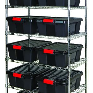 The Quantum Bin Wire Shelving System, 36W X 21D X 74H, features six wire shelves and four posts, each shelf neatly organizing two black LC191507BK bins with red latches and matching lids. The setup offers sophistication against a plain white background.