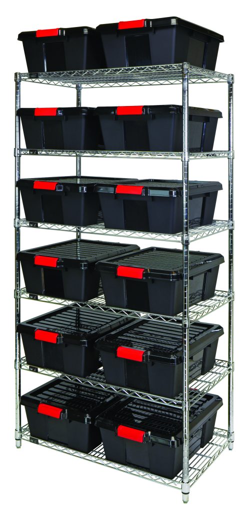 The Quantum Bin Wire Shelving System, 36W X 21D X 74H, features six wire shelves and four posts, each shelf neatly organizing two black LC191507BK bins with red latches and matching lids. The setup offers sophistication against a plain white background.