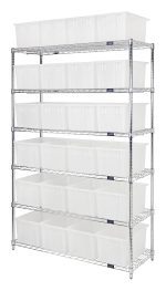 The Quantum Bin Wire Shelving System, 48L x 18D x 74H, features a chrome-plated finish and supports an 800 lbs load capacity per shelf. It includes six shelves with a total of 24 Snt185 clear containers, accommodating larger bins on top and smaller ones below. Shipped KD.