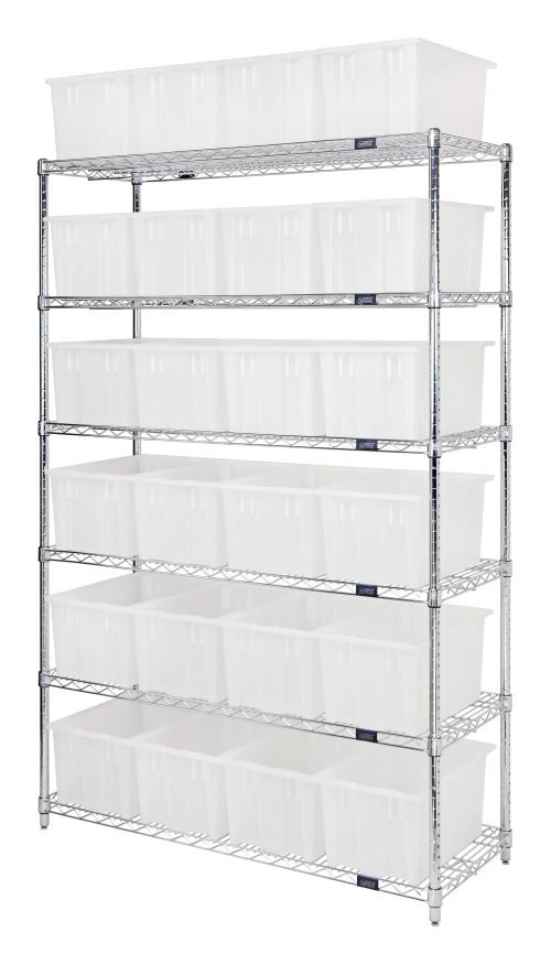 The Quantum Bin Wire Shelving System, 48L x 18D x 74H, features a chrome-plated finish and supports an 800 lbs load capacity per shelf. It includes six shelves with a total of 24 Snt185 clear containers, accommodating larger bins on top and smaller ones below. Shipped KD.