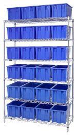 The Quantum Bin Wire Shelving System measures 48L x 18D x 74H and features six chrome-plated shelves, each with an 800 lbs load capacity. It includes 24 SNT185 blue containers, all shipped KD.