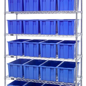 The Quantum Bin Wire Shelving System measures 48L x 18D x 74H and features six chrome-plated shelves, each with an 800 lbs load capacity. It includes 24 SNT185 blue containers, all shipped KD.