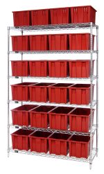 The Quantum Bin Wire Shelving System, measuring 48L x 18D x 74H, features a chrome finish with six shelves holding 24 red Snt185 containers. It has an 800 lb load capacity per shelf and ships KD for easy assembly, perfect for organized storage in industrial and home environments.