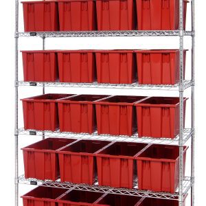 The Quantum Bin Wire Shelving System, measuring 48L x 18D x 74H, features a chrome finish with six shelves holding 24 red Snt185 containers. It has an 800 lb load capacity per shelf and ships KD for easy assembly, perfect for organized storage in industrial and home environments.