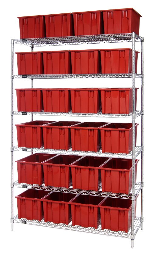 The Quantum Bin Wire Shelving System, measuring 48L x 18D x 74H, features a chrome finish with six shelves holding 24 red Snt185 containers. It has an 800 lb load capacity per shelf and ships KD for easy assembly, perfect for organized storage in industrial and home environments.