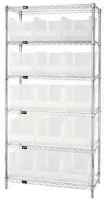 The Quantum Bin Wire Shelving System, 36L x 18D x 74H, features a chrome-plated finish with six shelves, each holding up to 800 lbs, and includes 15 clear Qus260 containers. Its open design is perfect for organizing items against a plain white background. Ships knocked down (Kd).