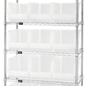 The Quantum Bin Wire Shelving System, 36L x 18D x 74H, features a chrome-plated finish with six shelves, each holding up to 800 lbs, and includes 15 clear Qus260 containers. Its open design is perfect for organizing items against a plain white background. Ships knocked down (Kd).