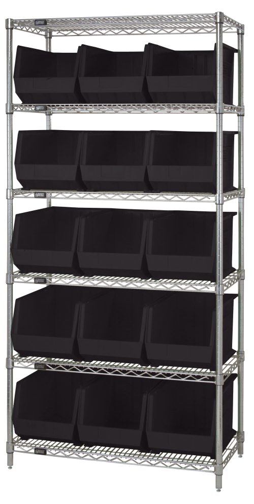 WR6-260_BK.jpg The Quantum Bin Wire Shelving System is 36L x 18D x 74H with six chrome-plated shelves, each holding three of the 15 included QUS260 black containers. It offers organized storage and a modern industrial look, supporting up to 800 lbs per shelf.