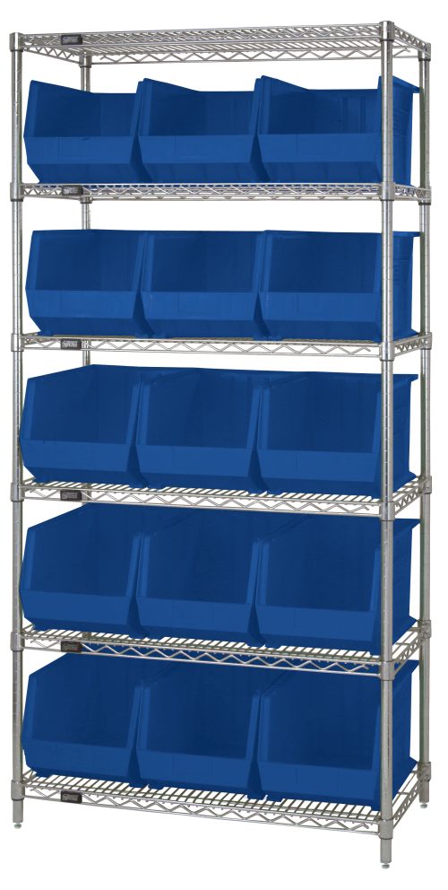 WR6-260_BL.jpg The Quantum Bin Wire Shelving System measures 36L x 18D x 74H and supports up to 800 lbs per shelf. It features a chrome finish with six shelves and includes 15 QUS260 blue containers, shipped KD for easy assembly.