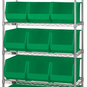 The Quantum Bin Wire Shelving System, 36L x 18D x 74H, includes six chrome-plated shelves with a load capacity of 800 lbs each and is organized with 15 QUS260 green containers for a sleek storage solution.