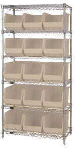 The Quantum Bin Wire Shelving System, measuring 36L x 18D x 74H, features six chrome-plated shelves, each with an 800 lbs load capacity. It includes 15 open-front ivory Qus260 containers and is shipped KD for easy assembly.
