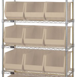 The Quantum Bin Wire Shelving System, measuring 36L x 18D x 74H, features six chrome-plated shelves, each with an 800 lbs load capacity. It includes 15 open-front ivory Qus260 containers and is shipped KD for easy assembly.