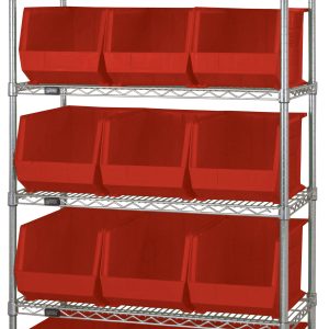 The Quantum Bin Wire Shelving System (36L x 18D x 74H) features six chrome-plated shelves, each with an 800 lbs load capacity, and includes 15 red QUS260 storage bins. The unit is shipped KD for easy assembly and offers organized storage.