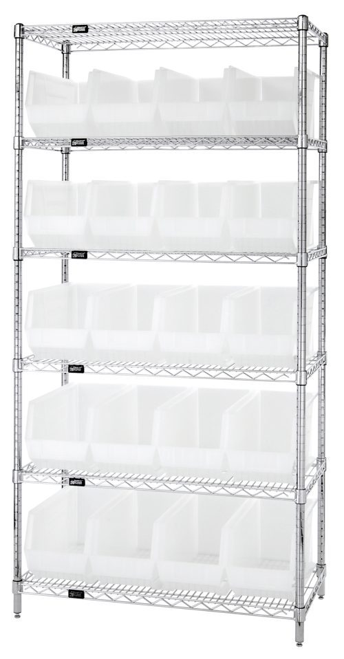 WR6-265CL.jpg The Quantum Bin Wire Shelving System features a 36L x 18D x 74H chrome frame with six shelves, each holding 800 lbs, and includes twenty QUS265 clear containers for sleek organization.